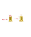 Gold Flat Head Turn Lock Screws 40 Pack Small Phillips Replacement Hardware Kit With Tool For Purses Handbags showing M2.5 and M3 sizes.