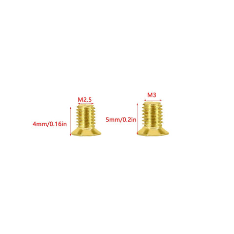 Gold Flat Head Turn Lock Screws 40 Pack Small Phillips Replacement Hardware Kit With Tool For Purses Handbags showing M2.5 and M3 sizes.