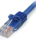 Close-up of Blue Dope Snagless Cat5e Patch Cable, 20 Ft Ethernet Cord With RJ45 Connectors, High Speed 350MHz 1Gbps Network Cable With PoE Support