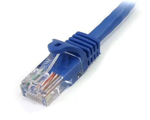 Close-up of Blue Dope Snagless Cat5e Patch Cable, 20 Ft Ethernet Cord With RJ45 Connectors, High Speed 350MHz 1Gbps Network Cable With PoE Support