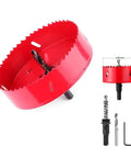 4 1/4 Inch HSS Bi-Metal Hole Saw Kit With Pilot Drill Bit for Wood Metal Plastic Drywall and PVC shown with arbor and hex key