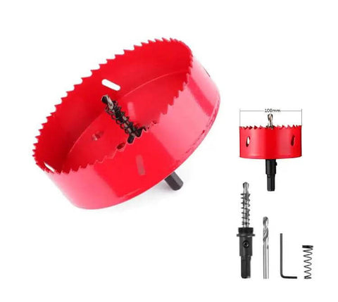 4 1/4 Inch HSS Bi-Metal Hole Saw Kit With Pilot Drill Bit for Wood Metal Plastic Drywall and PVC shown with arbor and hex key