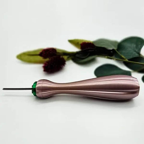 Side view of pink pearl silk handled quilling bead roller tool with slotted winding pin, part of the Quilling Bead Roller Tool Set.
