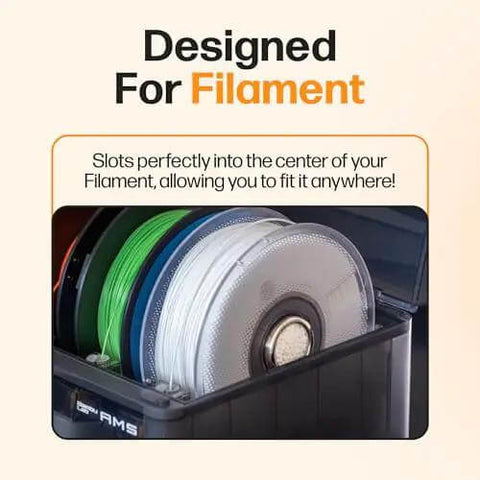 Filament Drying Desiccant 2 Pack That’s 10x Stronger Than Silica Gel, shown in spool center to prevent wet filament.