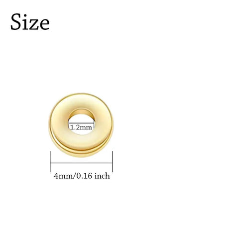 Close-up of a gold tone 4mm flat round disc spacer bead with a 1.2mm hole for bracelet and necklace making, part of 2000 pcs set.