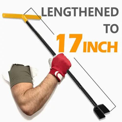 17 Inch Water Meter Key With 4 Way Multi Functional Utilities Key, T Handle Water Shut Off Tool For Curb Main And Underground Valves with arm showing length and leverage.