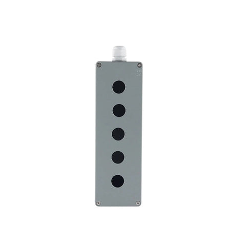 Front view of CAARLA push-button control station box, grey aluminum with six holes and a white top button.