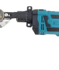Cordless drill with sheet metal cutting attachment; teal and black tool branded Amazon.