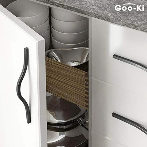 Modern Matte Black Cabinet Handle Set For Doors And Drawers Minimalist Wardrobe Pulls Arched Style With Double Hole Centers In 6.3 Inch And 7.6 Inch Easy DIY Installation Pack Of Six on white kitchen cabinet doors