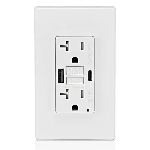 Self Test GFCI In Wall USB Charger With Type A And Type C USB Ports Delivers 4.8A Total Charging Power Continuous Ground Fault Protection