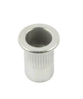 Close-up of a stainless steel flat head knurled rivet nut from Rivet Nut Assortment Kit Stainless Steel One Quarter Twenty Flat Head Knurled Rivet Nuts For Metal Plastic And Fiberglass Installations, Automotive And DIYers, Heavy Duty Fastening Set showing details.