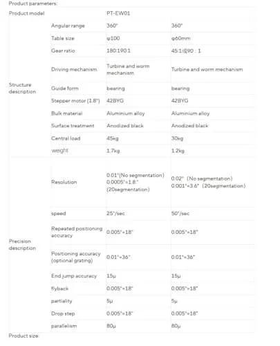 Specifications chart for Electric Rotary Table 360 Degrees Angle Rotary Table With Hollow Index Plate And U Shaped Arm In Aluminium Alloy Anodized Black Finish