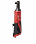 Heavy Duty M12 Three Eighth Drive Cordless Ratchet Battery Operated Power Tool Boasting Kickass Torque And Rock Solid Build Perfect For Greasy Garage Jobs And Red Finish Projects No Sweat, side view.