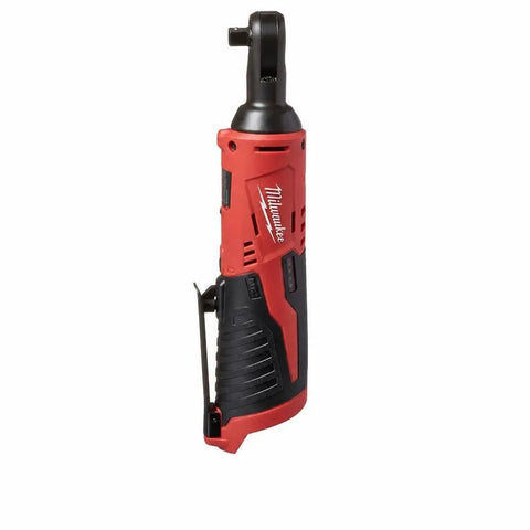 Heavy Duty M12 Three Eighth Drive Cordless Ratchet Battery Operated Power Tool Boasting Kickass Torque And Rock Solid Build Perfect For Greasy Garage Jobs And Red Finish Projects No Sweat, side view.