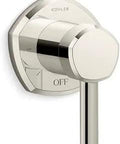 Occasion Volume Control Valve Trim With Lever Handle in Vibrant Polished Nickel mounted on wall, shows off position, for shower systems.
