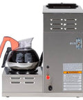 Automatic Commercial Coffee Brewer With 3 Lower Warmers 120V Delivers 3.9 Gallons Per Hour Hot Water Tap And Backup Pour Over SplashGard Deflector Stainless Steel Construction Compatible With Carafes Decanters And Airpots, stainless steel, side view with carafe