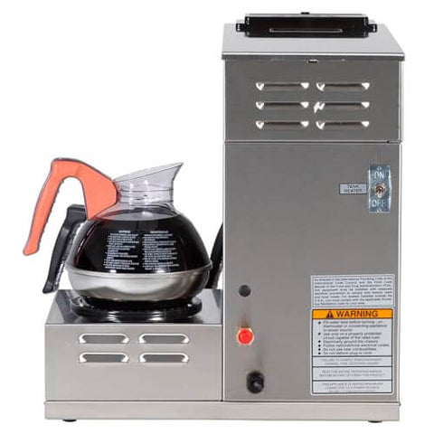 Automatic Commercial Coffee Brewer With 3 Lower Warmers 120V Delivers 3.9 Gallons Per Hour Hot Water Tap And Backup Pour Over SplashGard Deflector Stainless Steel Construction Compatible With Carafes Decanters And Airpots, stainless steel, side view with carafe