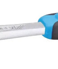 Fine tooth ratchet from Three Eighth Inch Drive Socket Set, 22 Piece Hex And Bi Hex Tools, black and blue handle, metal finish.