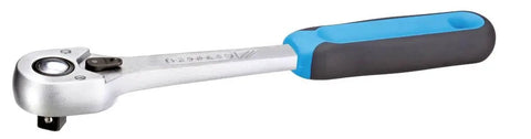 Fine tooth ratchet from Three Eighth Inch Drive Socket Set, 22 Piece Hex And Bi Hex Tools, black and blue handle, metal finish.