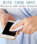 Front view of hands wiping a smartphone screen with a white microfiber cleaning cloth.