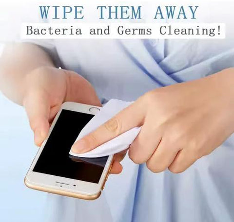 Front view of hands wiping a smartphone screen with a white microfiber cleaning cloth.