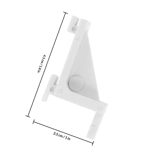 Close-up of a sturdy white plastic refrigerator shelf clip with dimensions, part of 8 Pack Plastic Refrigerator Shelf Clips For Freezer And Fridge.