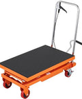 VEVOR hydraulic lift table cart, front view, orange alloy steel frame with black non-slip top, four wheels