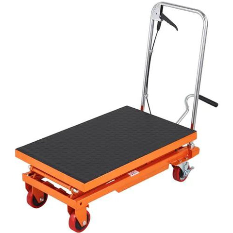 VEVOR hydraulic lift table cart, front view, orange alloy steel frame with black non-slip top, four wheels