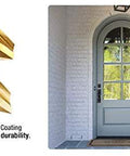 Amana Tool HSS1702TIN tin-coated 1/2 in drill bits, close-up; white brick front door image on right