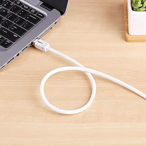 Cat7 Ethernet Patch Cable RJ45 Double Shielded 10Gbps Speed 600MHz Bandwidth 10 Foot White Network Cable connected to laptop