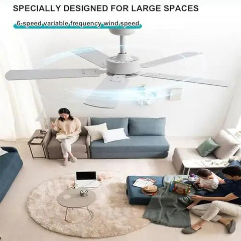 Sleek Matte Black Indoor Ceiling Fan With Smart Remote And Five Reversible Blades Silent Motor For Effortless Summer Cooling And Cozy Winter Airflow Spacious Room Refresh Game Changer Super Smooth Operator in large living space.