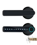 Slick Smart Door Lock Handle Featuring Quick Match Fingerprint And Private Code Remote Unlock Keyless Entry For House Doors Next Level Electronic Security Totally Legit top and bottom view showing sleek design and keypad.