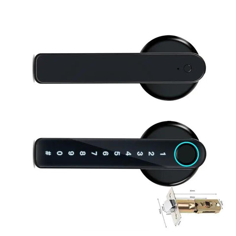 Slick Smart Door Lock Handle Featuring Quick Match Fingerprint And Private Code Remote Unlock Keyless Entry For House Doors Next Level Electronic Security Totally Legit top and bottom view showing sleek design and keypad.