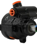 Close-up view of Remanufactured Power Steering Pump 7340119, featuring robust metal construction and hoses, designed for direct swap.