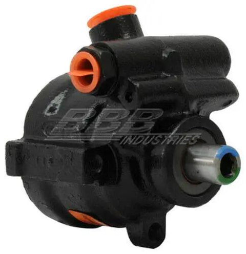 Close-up view of Remanufactured Power Steering Pump 7340119, featuring robust metal construction and hoses, designed for direct swap.