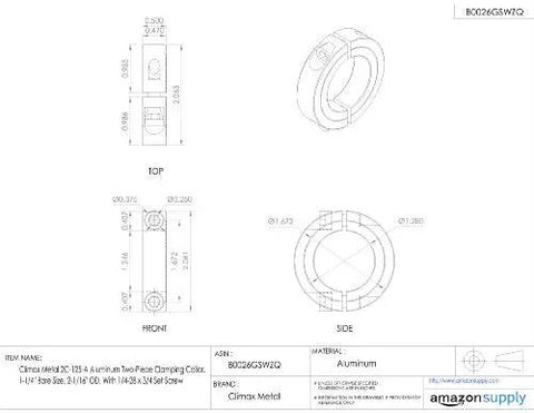 Technical drawing of Aluminum Two Piece Clamping Collar For Shafts With 1-1/4 Inch Bore And 2-1/16 Inch OD, front and side views.