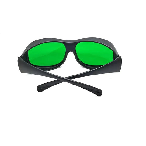 Hella Super Slick Dual Wave Laser Blocking Shades For Red And Infrared Beams Wavelengths Od3 Plus And Od5 Plus, black frame, green lenses.