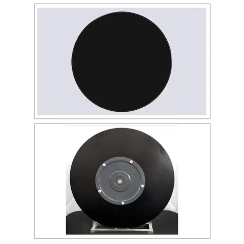 Premium Heavy Black Tempered Glass Lazy Susan Turntable shown from top and bottom angles for kitchen serving tray.