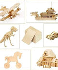12-pack basswood sheets with assorted unfinished wooden craft shapes (airplane, ship, dinosaur, car, castle) for crafts.