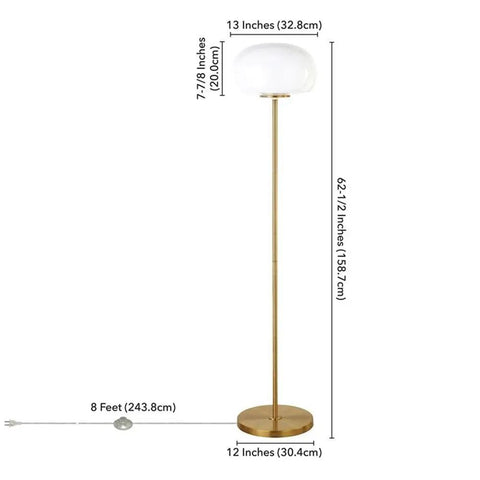 Tall Floor Lamp With Glass Mushroom Shade In Brass And White Milk Glass, Handcrafted Steel Base, E26 Socket, 8 Foot Cord, 13 Inch Shade