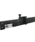 Workhorse Style Adjustable Miter Gauge For Table Saws Featuring Smooth Slide Rails Heavy Duty Aluminum Fence Quick Release Flip Stop and Repeat Cut Block For Dead On Precision Crosscuts, black aluminum miter gauge with silver slide.