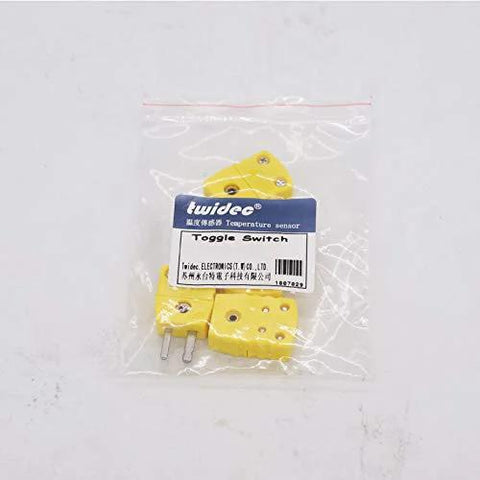 Twidec two-pair K-type thermocouple plug adapters, yellow plastic, front view in resealable bag