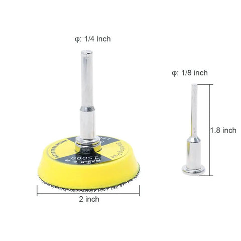 100 Pack 2 Inch Sanding Discs Kit With Polishing Pad Plate, showing 2 inch pad and 1.8 inch attachment size details