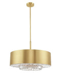 Gorgeous Six Light Pendant Featuring Brushed Nickel Drum Shade And Clear Faceted K9 Crystals with gold finish and hanging rod.