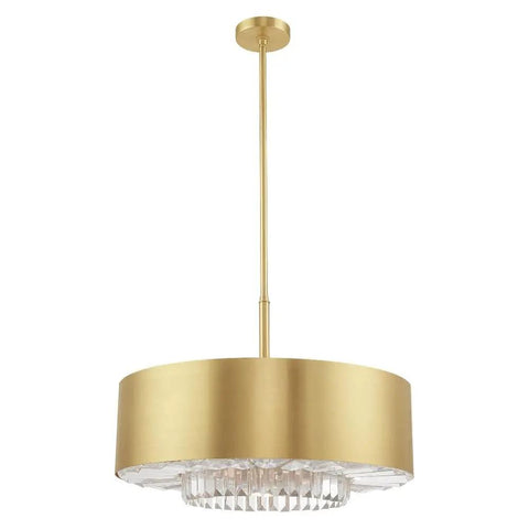 Gorgeous Six Light Pendant Featuring Brushed Nickel Drum Shade And Clear Faceted K9 Crystals with gold finish and hanging rod.