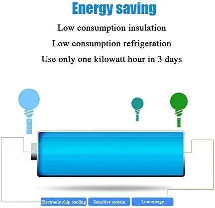 Energy saving features of Compact Upright Mini Freezer Featuring A Sleek Black Glass Door With Energy Efficient Cooling.
