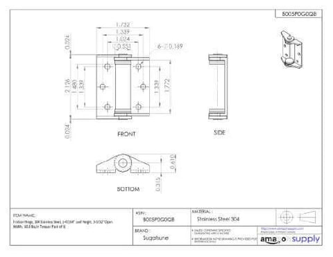 Technical drawing of Sugatsune LAMP Friction Hinge for monitors and displays, showcasing dimensions and six-hole layout in 304 stainless steel.