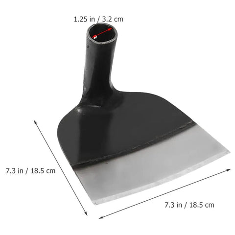 Heavy Duty Garden Hoe Tool With Solid Manganese Steel Blade, 18.5 cm dimensions, shown close up with size annotations for weeding and soil work