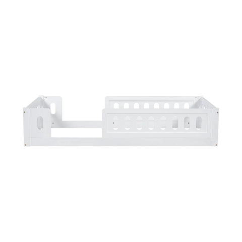 White wood Twin Size Montessori Floor Bed With Safe Guardrails For Toddlers, low to the ground design, side view