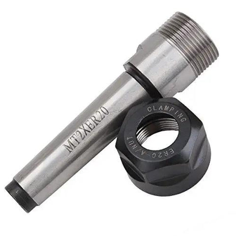 ER20 MT2 Collet Chuck Holder with M10 Drawbar, showing close-up of precision ground steel shank and 34mm lock nut